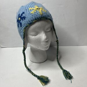 Screamer Blue Embroidered Pearl Knit Tasseled Winter Hat Beanie Cap
